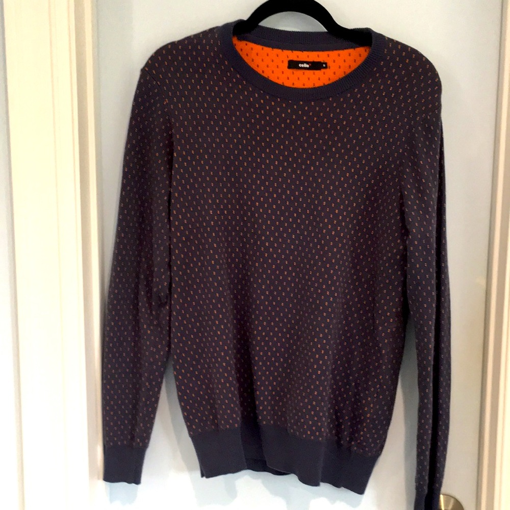 Celio men’s round neck orange blue knitted sweater/long sleeve tee shirt. EUC